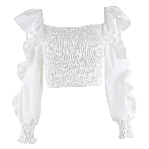 Trieksull Frauen Spitze Geraffte Vordere Rüschen Langarm Bluse Gefaltete Shirts (S,White) von Trieksull