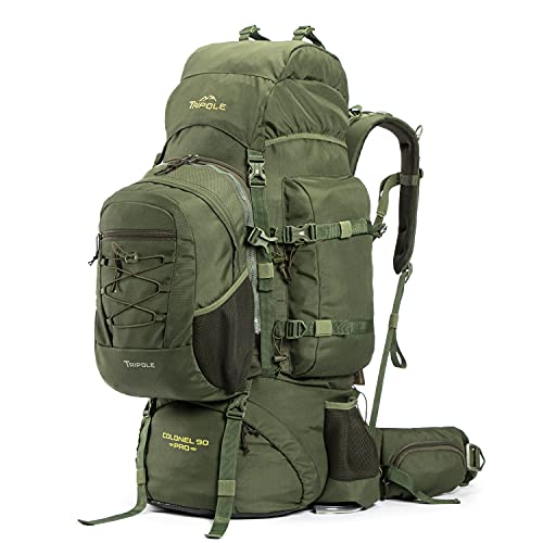 Tripole Colonel Pro Rucksack Mit Metallrahmen | Frontöffnung | Abnehmbare Tasche | Regenschutz (90 Liter, Armeegrün) von Tripole