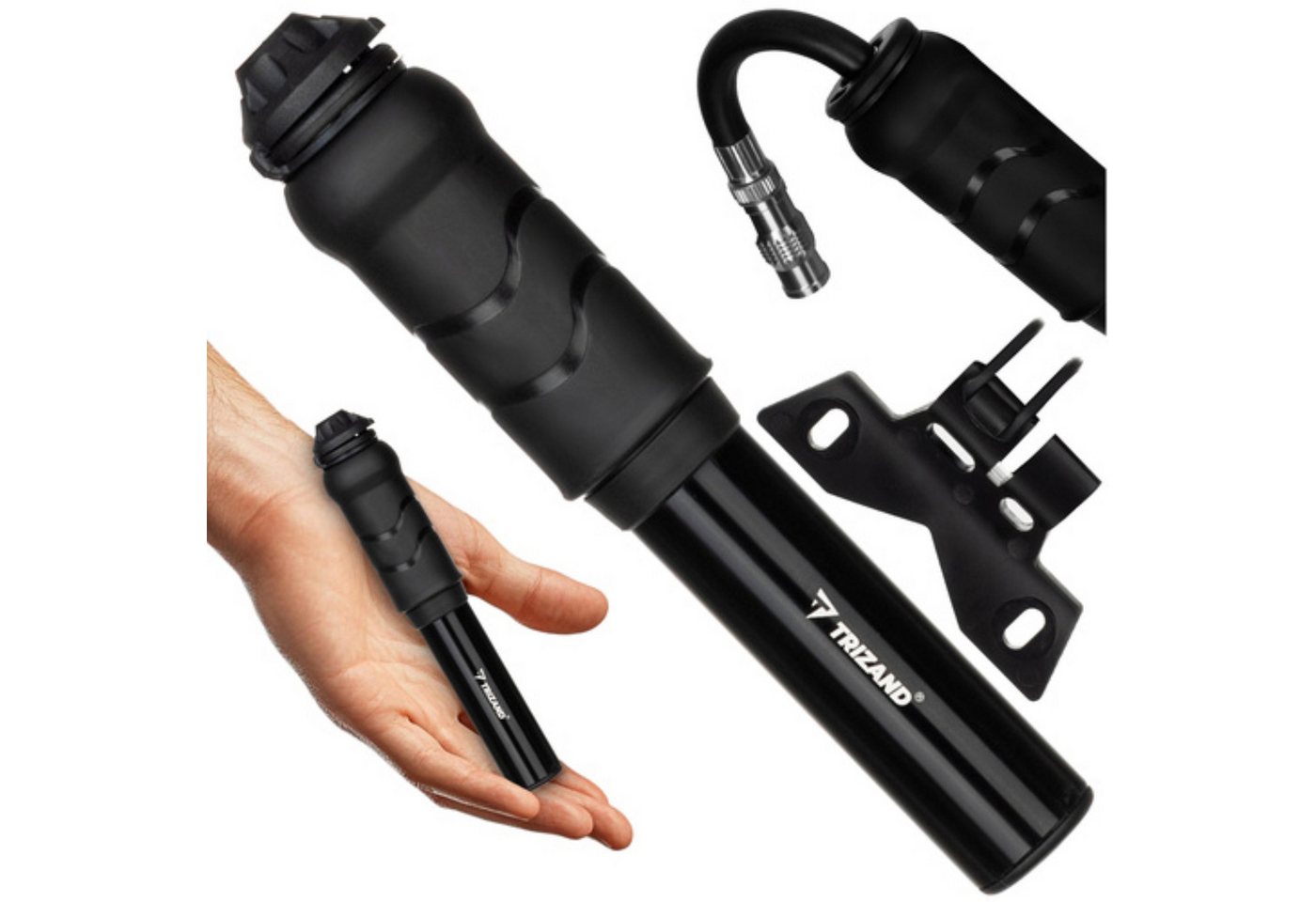 Trizand Luftpumpe Fahrradpumpe 7 bar Mini Handpumpe mit Halterung – Aluminium schwarz (Mini-Fahrradpumpe mit Rahmenhalter & Sechskantschlüssel, Trizand Fahrradpumpe Set mit Halterung & Zubehör – schwarz), Universell einsetzbar, kompakt, robust & mit Halterung von Trizand