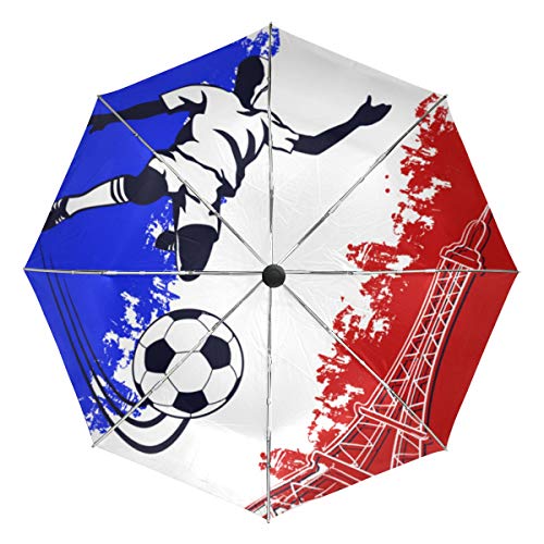Rootti Regenschirm, 3 Falten, leicht, Frankreich-Flagge, Fußball und Eiffelturm, mit einem Knopf, automatisches Öffnen und Schließen, winddicht, für Kinder, Damen und Herren von TropicalLife