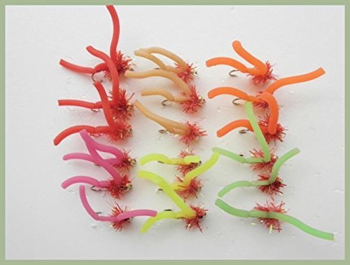 Wurm-Angelfliegen, 18 Stück, eklige Würmer, gemischte Farben, Größe 10, für Fliegenfischen von Troutflies UK Bug and Worm Flies