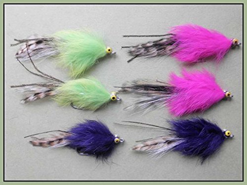 6 Stück Whistler Hecht oder Bass Angeln Fliegen, rosa, lila und Lime Größe 2/0 von TroutfliesUK