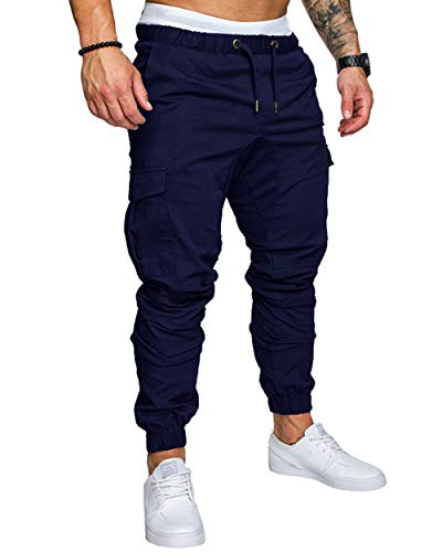 Herren-Cargohose, leger, einfarbig, mit Taschen, Taillenbund, Kordelzug, knöchelhoch, mit mehreren Taschen, Marineblau, Größe M von TrusMe