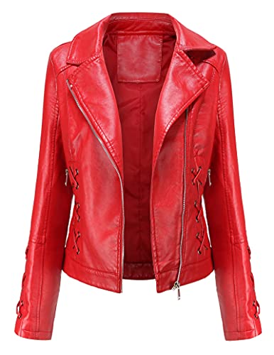 TrusMe Frauen Faux Lederjacke, Kurzes PU Motorrad Outwear, Reißverschluss Moto Biker Mantel,Rot,S von TrusMe