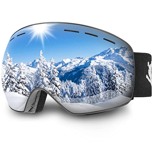 Trusiel Skibrille, Skibrille Damen Herren Anti-Fog Skibrillen OTG, Skibrille für Brillenträger, 400 UV-Schutz Schneebrille Kompatibler Helm (Silber (VLT 10%)) von Trusiel