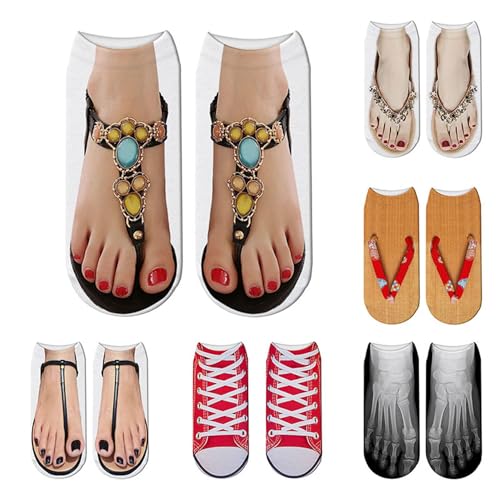 Tseonmis Socken mit 3D-Muster, lustige Flip-Flop-Socken, Socken, die wie Füße Aussehen, Damen-Drucksocken, lässige personalisierte Flip-Flop-Socken, lustige verrückte Low-Cut-Socken (6 Pairs-b) von Tseonmis