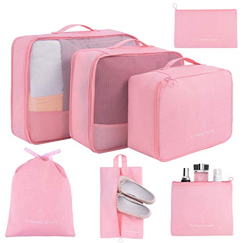 Koffer Organizer 7 Set,Packing Cubes Gepäck Packwürfel Organizer mit Schuhbeutel und Kulturbeutel (Pink) von TuTuShop