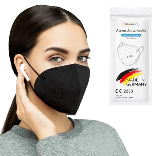 TubeRoo FFP2 Maske schwarz 10 Stück Masken aus Deutschland, Made in Germany, weiche runde Ohrschlaufen Bänder, Atemschutzmaske, Mundschutz von TubeRoo