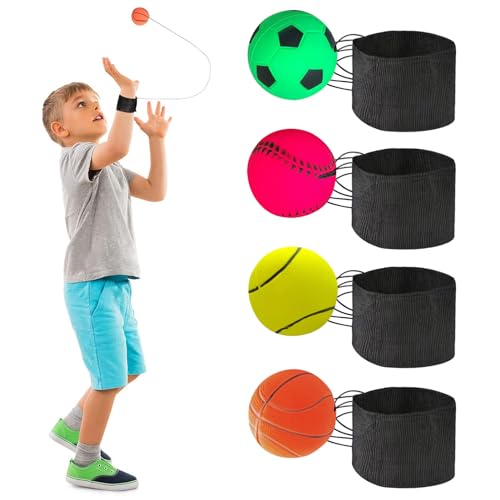 Tulov 4 Stück Springball mit Schnur, Durchmesser 6,3 cm Ball mit Schnur, Handgelenkball für Spielzeug für Kinder (Fußball & Basketball & Tennis & Baseball) von Tulov