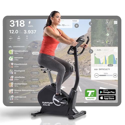 Tunturi FitCycle 50i Heimtrainer Fahrrad mit LCD-Monitor | Ergometer mit App Steuerung (Tunturi Routes & Zwift) | Hometrainer Fahrrad für zuhause mit 32 Stufen, Herzfrequenzsensor, 150kg Belastbarkeit von Tunturi