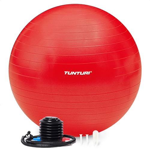 Tunturi Anti Burst Fitnessball mit Pumpe - Yoga-Ball 90 cm - Pilates-Ball - Schwangerschaftsball – 220 kg Benutzergewicht - Inklusive Trainings-App – Rot von Tunturi