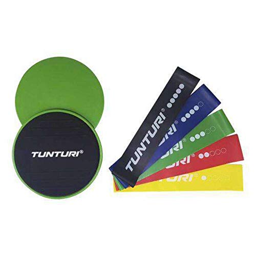 Tunturi Fitnessset mit 5 Widerstandsbänder verschiedener Stärken und 2 Core Sliders für Teppich und Hartböden, Gleitscheiben und Fitnessbänder für Yoga, Pilates, Krafttraining von Tunturi