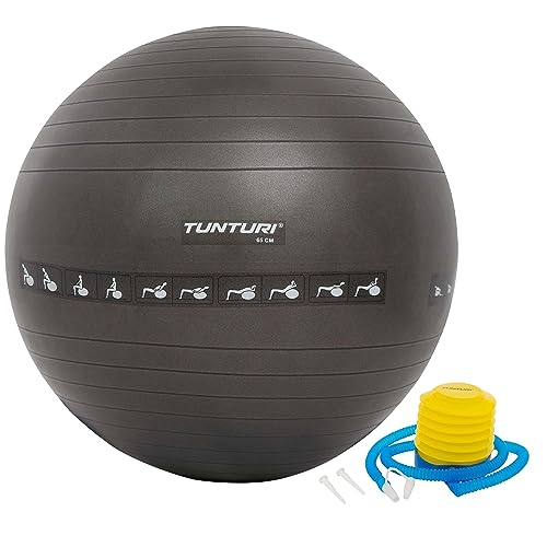 Tunturi Anti Burst Fitnessball mit Pumpe - Yoga-Ball 65 cm - Pilates-Ball - Schwangerschaftsball – 220 kg Benutzergewicht - Inklusive Trainings-App – Schwarz von Tunturi