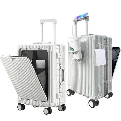 TurelinnG Handgepäck Koffer, 20 Zoll Aluminiumrahmen, Hauptkörper (PC) Koffer mit Spinner-Rädern, Hard Carry-on Koffer & Trolleys(Weiß) von TurelinnG