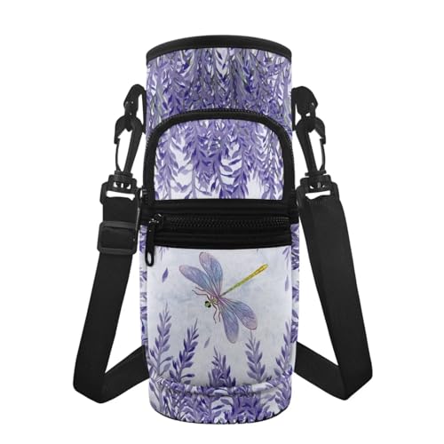 Tutolipy Tragetasche für Wasserflaschen mit Reißverschlussfach, für Erwachsene und Kinder, Lavendel-Libellen-Motiv, Violett von Tutolipy