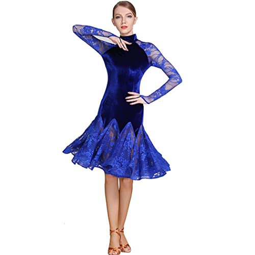 High Collar Latin Dance Dress für Frauen Spitze Langarm Walzer Tango Praxis Kleid Flamenco Party Rock Tanzen Ballsaal Tanzkleider,Blau,L von Tzdd