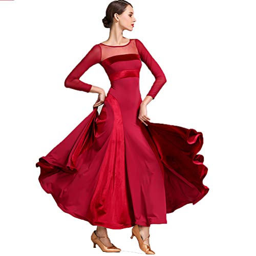 Tanzkleider Damen Standard Lange Ärmel Performance Kleider Moderne Walzer Training Tanzkleidung Tango Klei Ballroom Dress,Rot,S von Tzdd