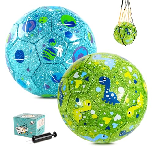 U&C Planet 2er Pack Größe 2 Fußball für Kinder 1-6 Jahre Glitzerndes Dinosaurier & Planet Design Inkl. 1 Handpumpe & 2 Tragenetzen Indoor & Outdoor Spielzeug Geschenk von U&C Planet