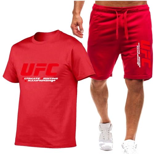 UGIUTLVY Herren Jogginganzug UFC Kurzarm + Kurze Hose Trainingsanzug 2 Teilig Frühling Und Sommer Leichte T-Shirts + Shorts Set Streetwear,3XL, Red von UGIUTLVY