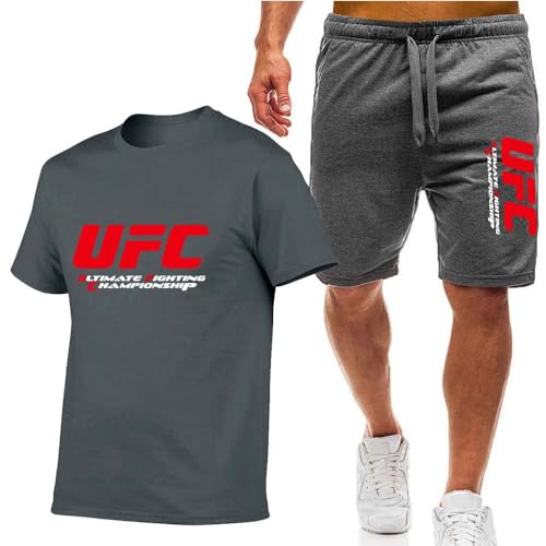 UGIUTLVY Herren Jogginganzug UFC Kurzarm + Kurze Hose Trainingsanzug 2 Teilig Frühling Und Sommer Leichte T-Shirts + Shorts Set Streetwear,XL, Gray 01 von UGIUTLVY