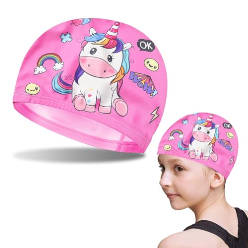 Badekappe Kinder, Unisex Stoff-Badekappe, Unicorn Cartoon Thema, Schwimmkappe Kinder 2-12Jahre, Weiche und Strapazierfähige Schwimmkappe sind für alle Wasseraktivitäten Geeignet von UHDS