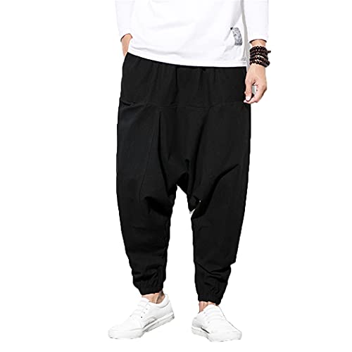 Cotton Linen Pants Japanese Harajuku Loose Joggers Trousers Hip Hop Pants Wide Leg Pants Big Size Black 5XL von UJDKCF