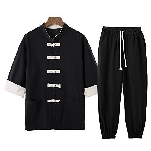 Men Traditional Chinese Style Suit Retro Hanfu Shirt Trousers Kung Fu Uniform Set Japanese Kimono Coats Casual Blouse Pants Black 5XL von UJDKCF