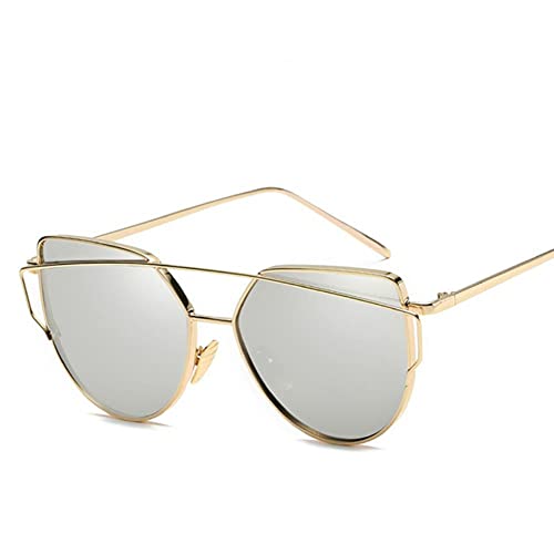 Sonnenbrille Damen Mode Cat Eye Sunglasses Frauen Luxus Spiegel Linse Vintage Sonnenbrille Rose Gold Metall Uv400 Oculos-Gold Silver von UKKD