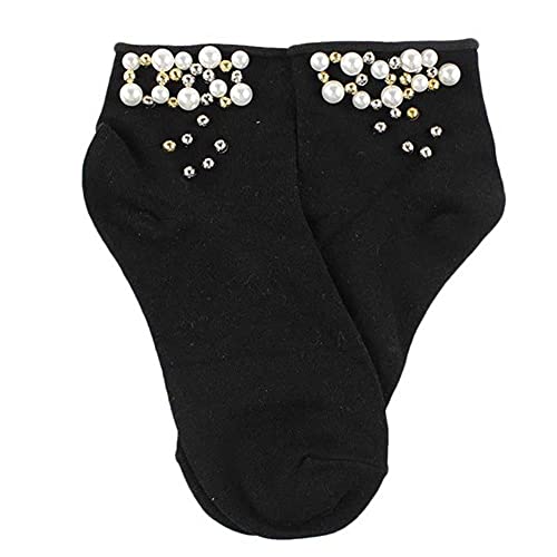 UKKD Socken Damen 4Pair Perle Gold Silber Handgemachte Süße Socken Mode Baumwolle Rand Socken Frauen Lustige Kurzes Sokken Girl Harajuku-1 von UKKD