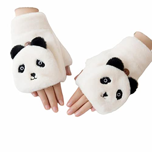 UKKO Handschuhe Damen Weibliche Touchscreenhandschuhe Kaschmir Cartoon Panda Halbfinger-Flip-Handschuhe, Die Warme Kalte Schutzhandschuhe-H von UKKO