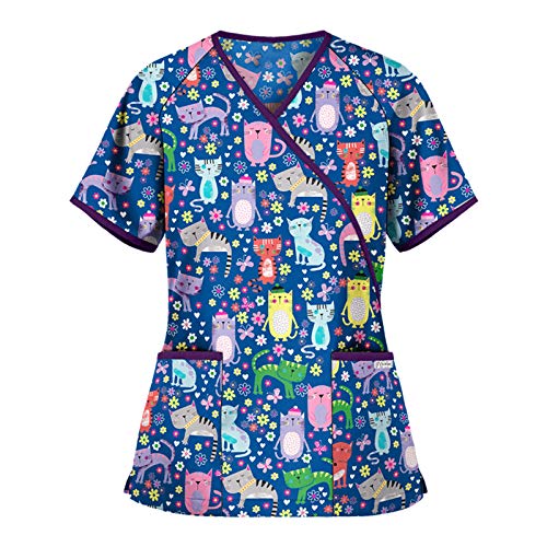 UNHU Arbeitskleidung Pflege Damen Kasack Schlupfkasack Kurzarm V-Ausschnitt Berufskleidung mit Lustig Tiermotiv Bluse T-Shirts Zwei Taschen Krankenpfleger Uniformen von UNHU