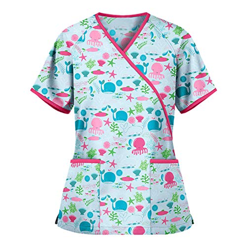 UNHU Arbeitskleidung Pflege Damen Kasack Schlupfkasack Kurzarm V-Ausschnitt Berufskleidung mit Lustig Tiermotiv Bluse T-Shirts Zwei Taschen Krankenpfleger Uniformen von UNHU