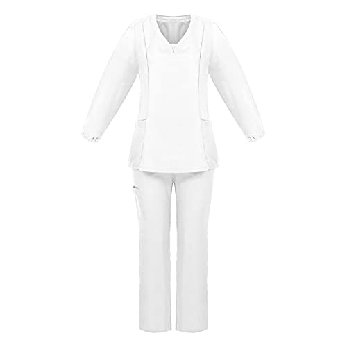 UNHU Arbeitskleidung Pflege Damen Schlupfkasack Schlupfhose Set Einfarbig V-Ausschnitt Kasack Kurzarm Berufsbekleidung Zwei Taschen Krankenpfleger Uniformen mit Oberteil Hose (L, Weiß) von UNHU