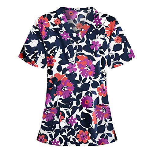 UNHU Arbeitskleidung Pflege Damen V-Ausschnitt Schlupfhemd Kasack Blumendruck Kurzarm T-Shirts Tops Berufskleidung Krankenpfleger Uniformen mit Taschen (M, Lila) von UNHU
