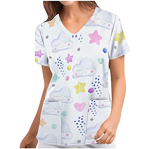 UNHU Damen Pflege Bunt Arbeitskleidung Uniformen V-Ausschnitt Lustig Cartoon Motiv Kurzarm T-Shirts Arbeitsuniform Nurse Übergröße Kasack Schlupfkasack mit Taschen von UNHU