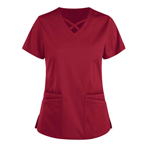 UNHU Damen Pflegebekleidung Einfarbig T-Shirt Schlupfkasack Kurzarm V-Ausschnitt Schlupfhemd Berufskleidung Kasack Krankenpfleger Uniformen mit Taschen von UNHU
