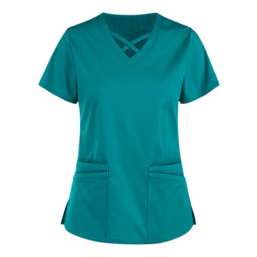 UNHU Damen Pflegebekleidung Einfarbig T-Shirt Schlupfkasack Kurzarm V-Ausschnitt Schlupfhemd Berufskleidung Kasack Krankenpfleger Uniformen mit Taschen von UNHU