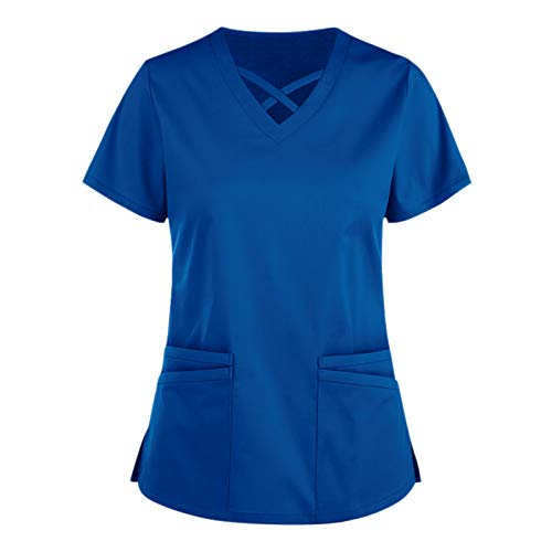 UNHU Damen Pflegebekleidung Einfarbig T-Shirt Schlupfkasack Kurzarm V-Ausschnitt Schlupfhemd Berufskleidung Kasack Krankenpfleger Uniformen mit Taschen von UNHU