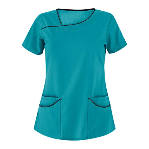 UNHU Damen Pflegebekleidung V-Ausschnitt Schlupfhemd Kasack Einfarbig Kurzarm T-Shirts Tops Arbeitsuniform Schlupfkasack Krankenpfleger Uniformen mit Taschen von UNHU