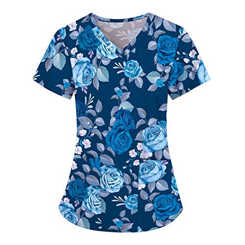 UNHU Kasack Damen Pflege Bunt Arbeitskleidung Uniformen V-Ausschnitt Schlupfhemd Berufskleidung Blume Bedruckt Nurse Kurzarm Bluse T-Shirts Schlupfkasack mit Taschen (Blau, XL) von UNHU