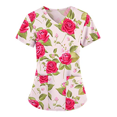 UNHU Kasack Damen Pflege Bunt Arbeitskleidung Uniformen V-Ausschnitt Schlupfhemd Berufskleidung Blume Bedruckt Nurse Kurzarm Bluse T-Shirts Schlupfkasack mit Taschen (Pink, L) von UNHU