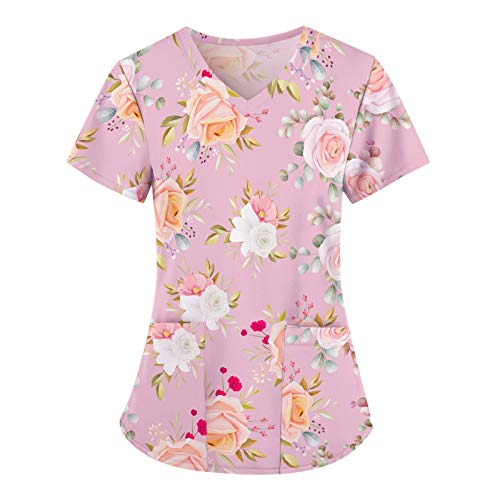 UNHU Kasack Damen Pflege Bunt Arbeitskleidung Uniformen V-Ausschnitt Schlupfhemd Berufskleidung Blume Bedruckt Nurse Kurzarm Bluse T-Shirts Schlupfkasack mit Taschen (Rosa, L) von UNHU