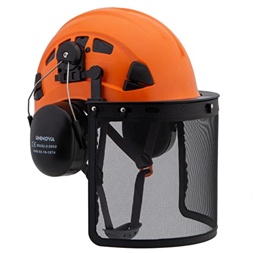 UNINOVA 3-in-1 Sicherheitshelm mit Kopfhörern und Visier aus Netz, Waldhelm mit Gehör- und Gesichtsschutz, ideal für Motorsäge, Wald (IT92-Orange+Kopfhörer+Visier) von UNINOVA