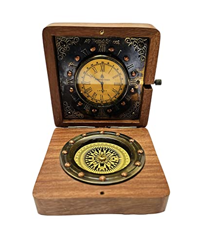 UNITED DECOR Kompass und Uhr aus Messing, in Holzbox, antikes Marine-Mritime, Vintage-Kompass, Sammlerstück, Geschenk von UNITED DECOR