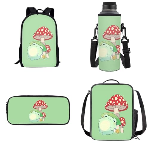 UOIMAG Schultaschen-Sets für Jungen und Mädchen, Rucksack mit Lunchtasche, Federmäppchen, Wasserflaschenhalter, Kindertaschen, Pilzfrosch grün, Einheitsgröße, Schulranzen-Set von UOIMAG