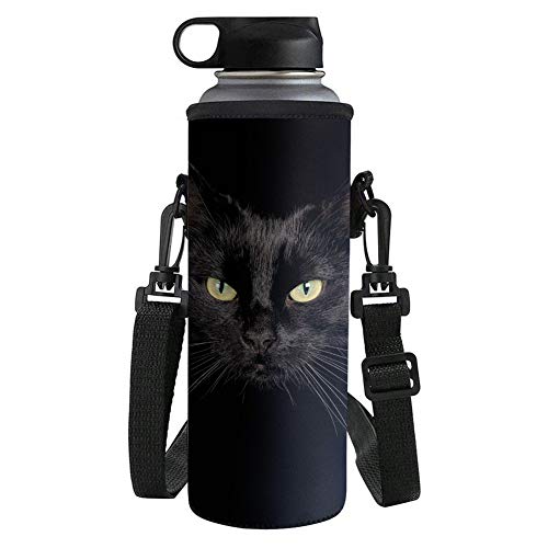 UOIMAG Schwarze Katze Neopren isoliert Wasserflaschenhalter Tasche für Kinder Wasserflasche Abdeckung Schultergurt Flasche Tasche Tasche für Sport Große Größe 1L von UOIMAG