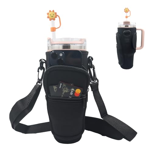 UOKIIYUA Wasserflasche Carrier Bag kompatibel mit Stanley 40oz Tumbler mit Griff, mit verstellbarem Schultergurt und Tasche und Stroh Abdeckung, Sport Wasserflaschenhalter für Wandern von UOKIIYUA