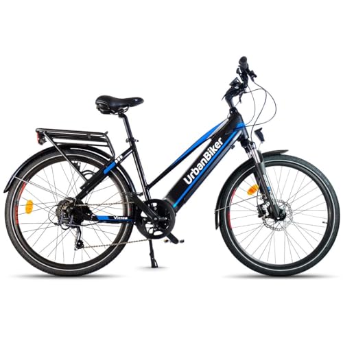 URBANBIKER Viena Trekking E Bike Blau/Gelb, Motor 250W, herausnehmbarer Lithium Akku 960 WH (48v 20Ah), für Damen und Herren, All Terrain E-Bike (M, Azul) von URBANBIKER