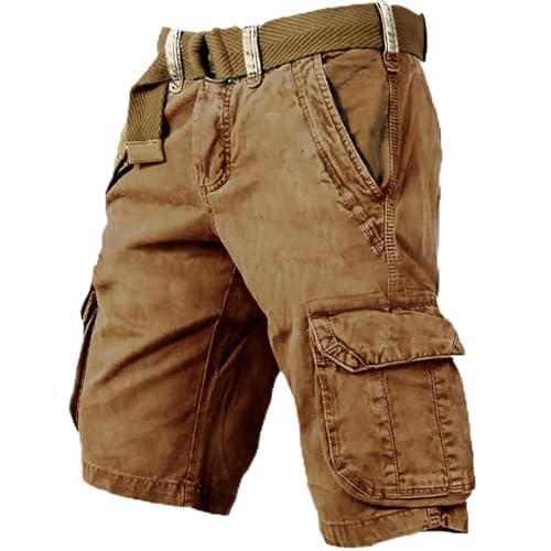 URWEIGH Taktische Herren-Shorts Mit Mehreren Taschen, Leichte Stretch-Cargo-Shorts Für Herren Mit 6 Taschen, Wasserfester Vintage-Gelb-Stone-Wash-Druck (Karamellfarbe,2XL) von URWEIGH