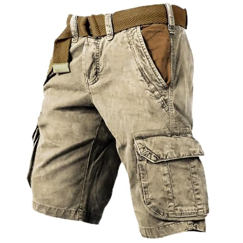 URWEIGH Taktische Herren-Shorts Mit Mehreren Taschen, Leichte Stretch-Cargo-Shorts Für Herren Mit 6 Taschen, Wasserfester Vintage-Gelb-Stone-Wash-Druck (Khaki,L) von URWEIGH